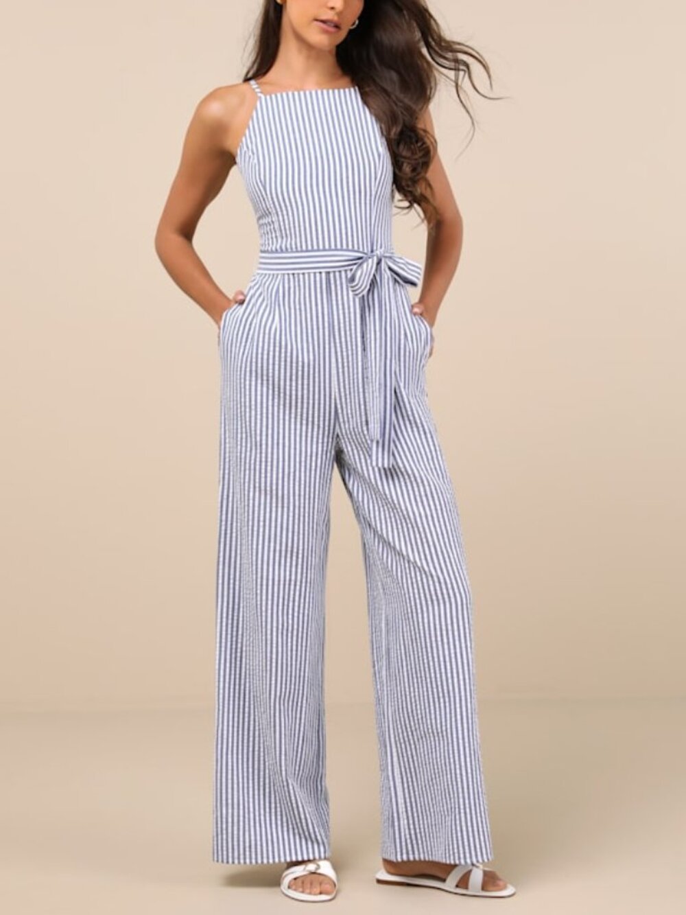 Lulus Messina Blue Striped Wide-leg Jumpsuit - Size M